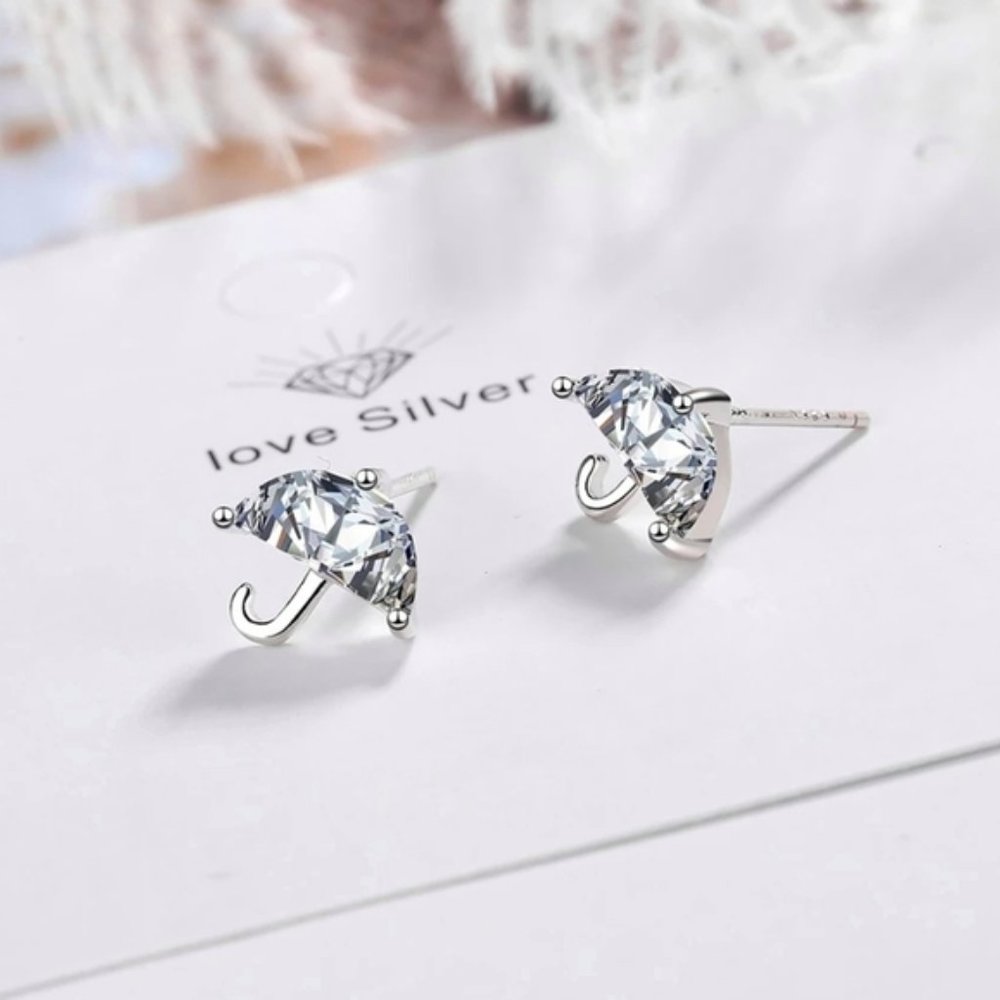 Sterling Silver Tiny Umbrella CZ Stud Earrings - Picture 4 of 4
